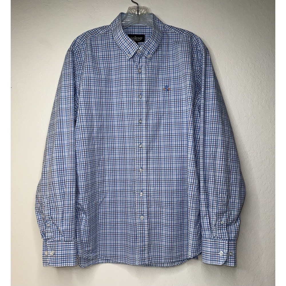 Solera‎ Men's Solid Button-Down Shirt Size L Blue Woven Plaid Long Sleeve Career